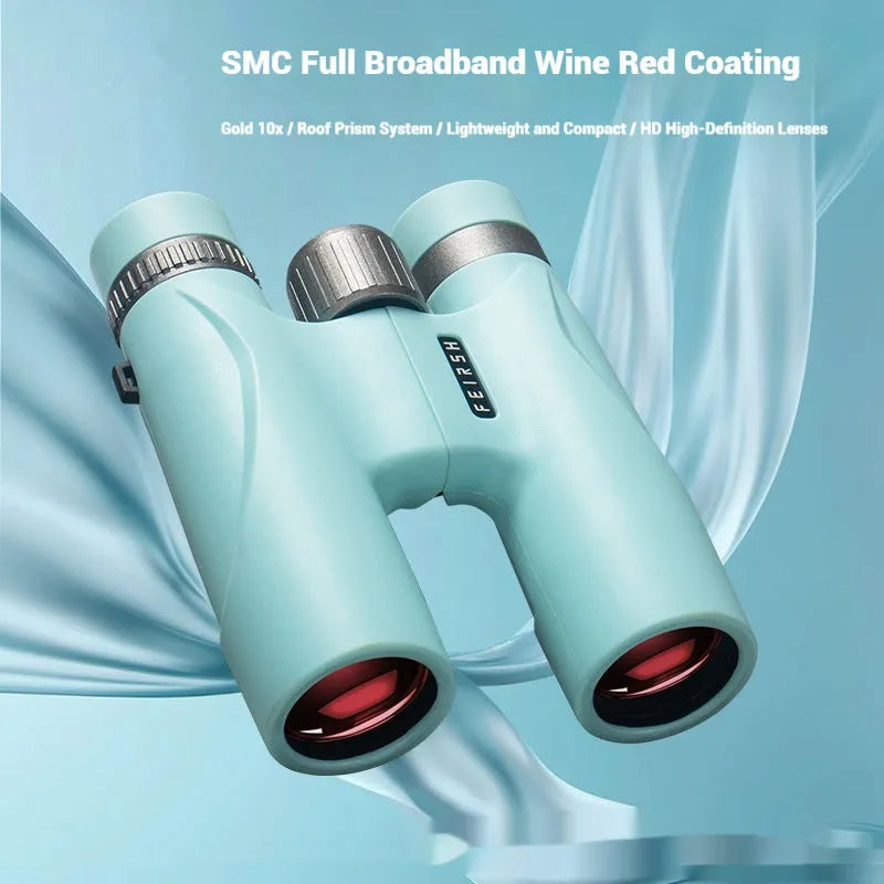 Blue and grey 10x32 binoculars with wine red film lenses, shown with dimensions.