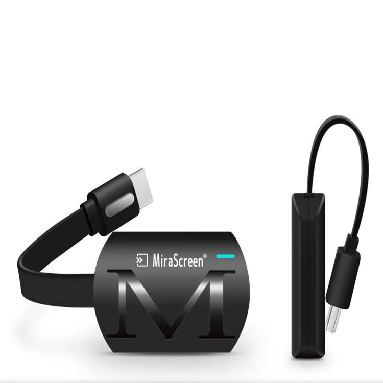 Black HD TV dongle for smartphone screen mirroring with HDMI port.