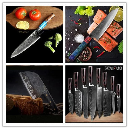 8-piece kitchen knife set with Damascus steel cleaver and Japanese-style knives including chef's knife and bread knife