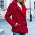 Women's fluffy loose lapel button winter coat in a choice of colours on a size chart background.