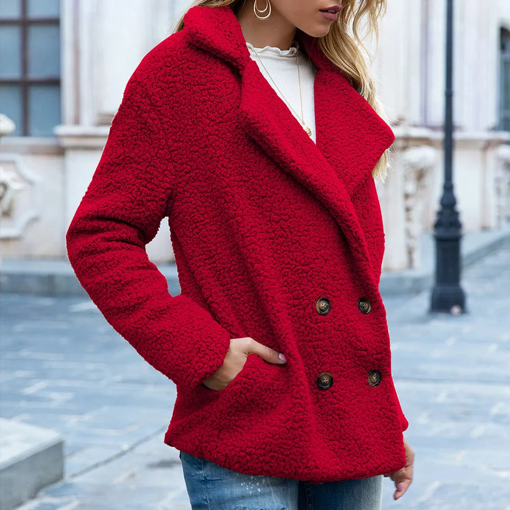 Women's fluffy loose lapel button winter coat in a choice of colours on a size chart background.
