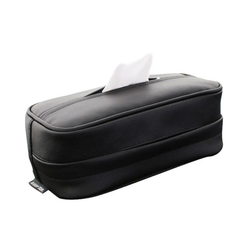 Black PU leather hanging storage box with carrying handle for car and home organisation