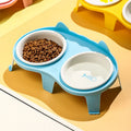 Ceramic cat food and water bowl set on elevated tilted stand with hook design