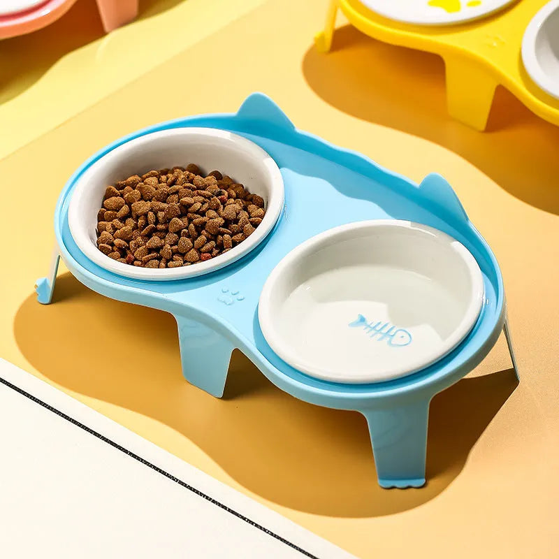 Ceramic cat food and water bowl set on elevated tilted stand with hook design