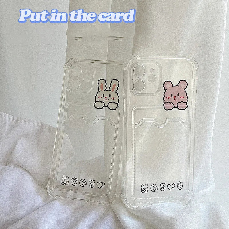 Transparent cartoon printed phone case with card slots for Apple iPhone.