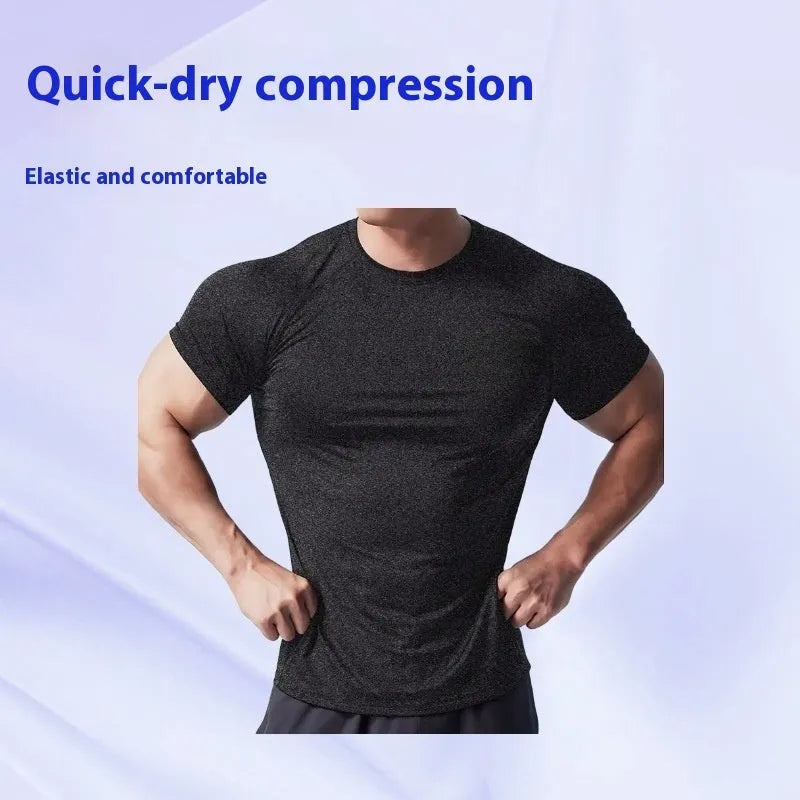 Men's tight stretch quick-dry running t-shirt in black round neck short sleeve design