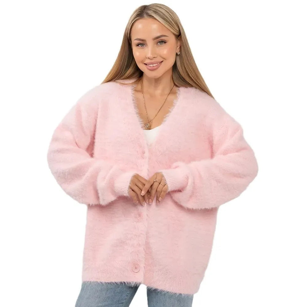 Women's loose V-neck button-front cardigan sweater in thick acrylic knit, 50cm length, sizes S-XL