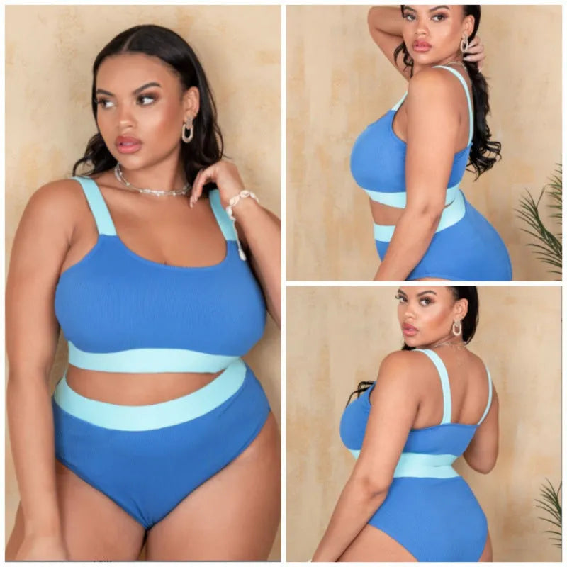 Women's high waist bikini swimsuit with pure colour stitching and split briefs design