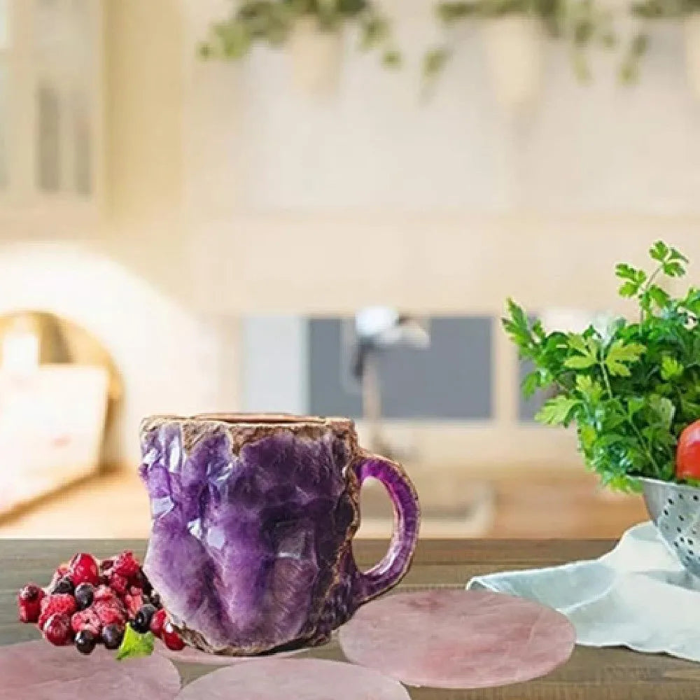 Resin mineral crystal coffee mug with handle in purple colour showing transparent construction