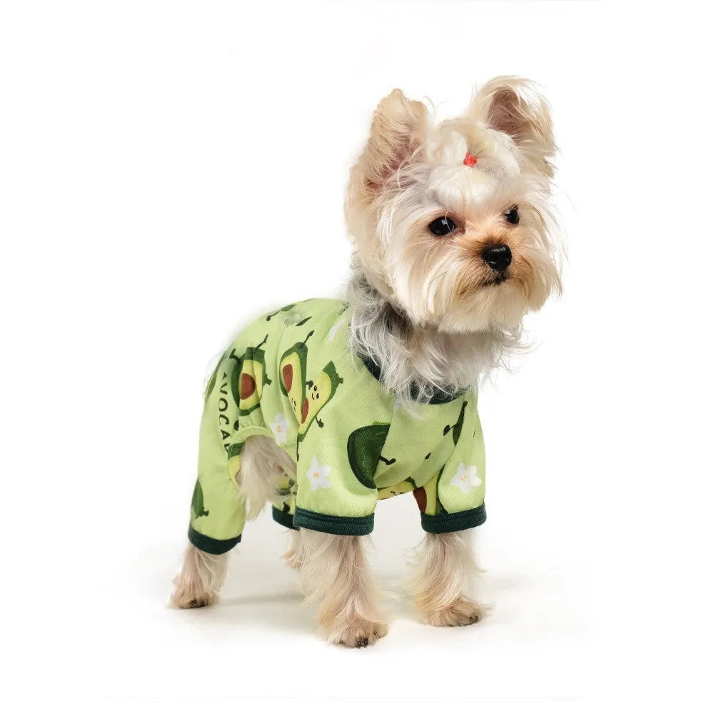 Grass green cotton four-legged pet pajama jumpsuit for dogs, unisex, sizes XS to XXL