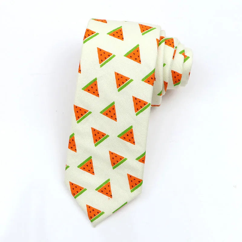 Narrow Korean-style cotton bow tie featuring a colourful cartoon print pattern.