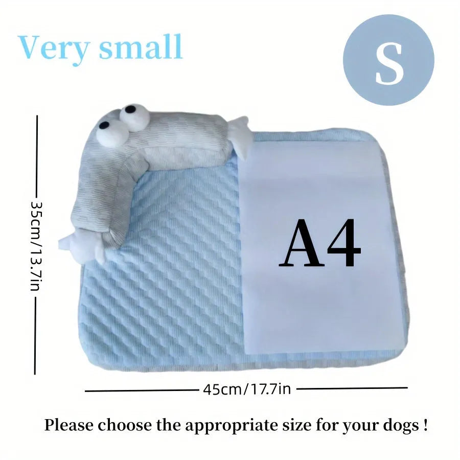 Blue and yellow monster face design pet bed for dogs and cats on a wooden floor