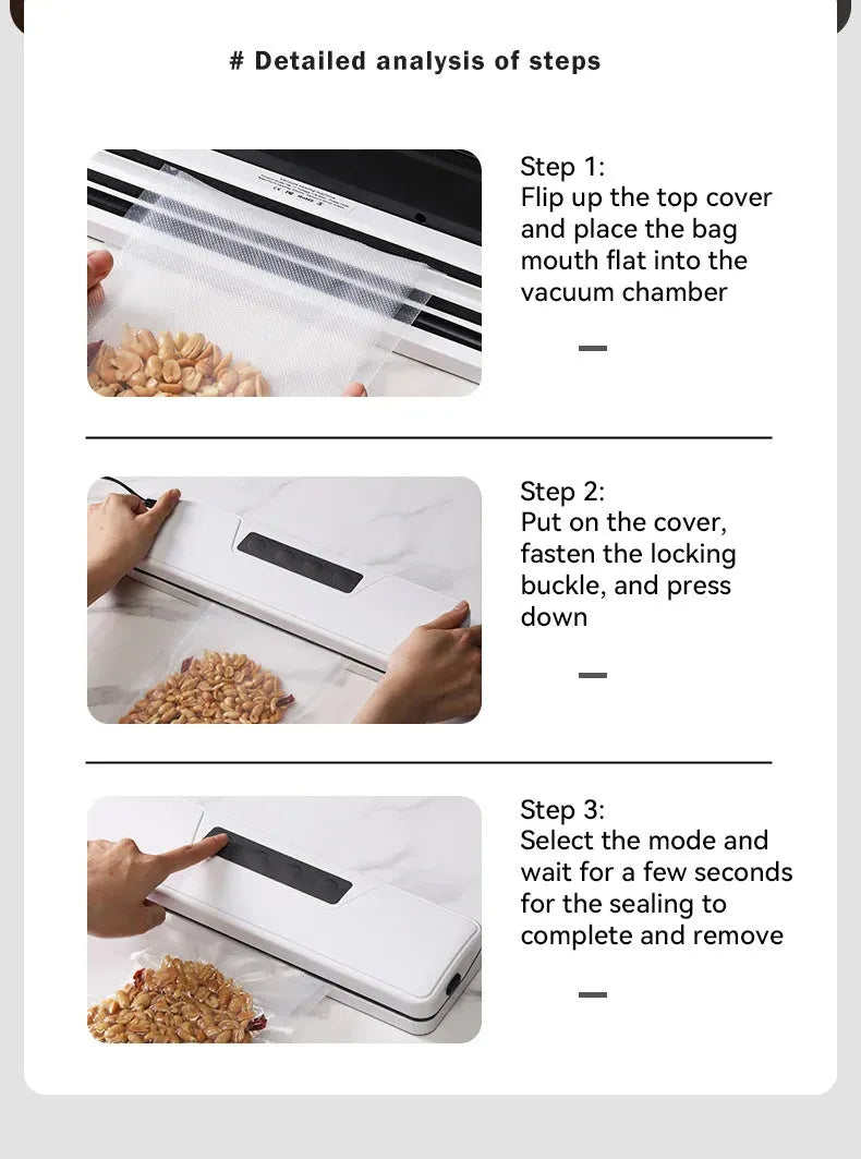 White automatic vacuum sealer machine on a kitchen countertop.