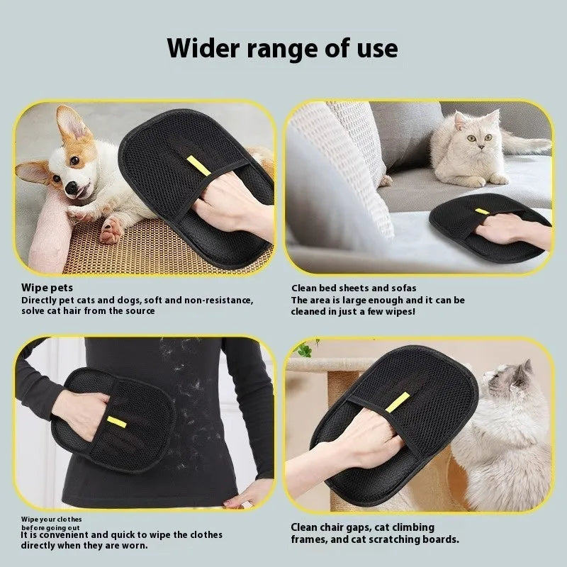 Black pet hair remover glove mitt with silicone bristles for dog cat rabbit grooming measuring 24x16cm