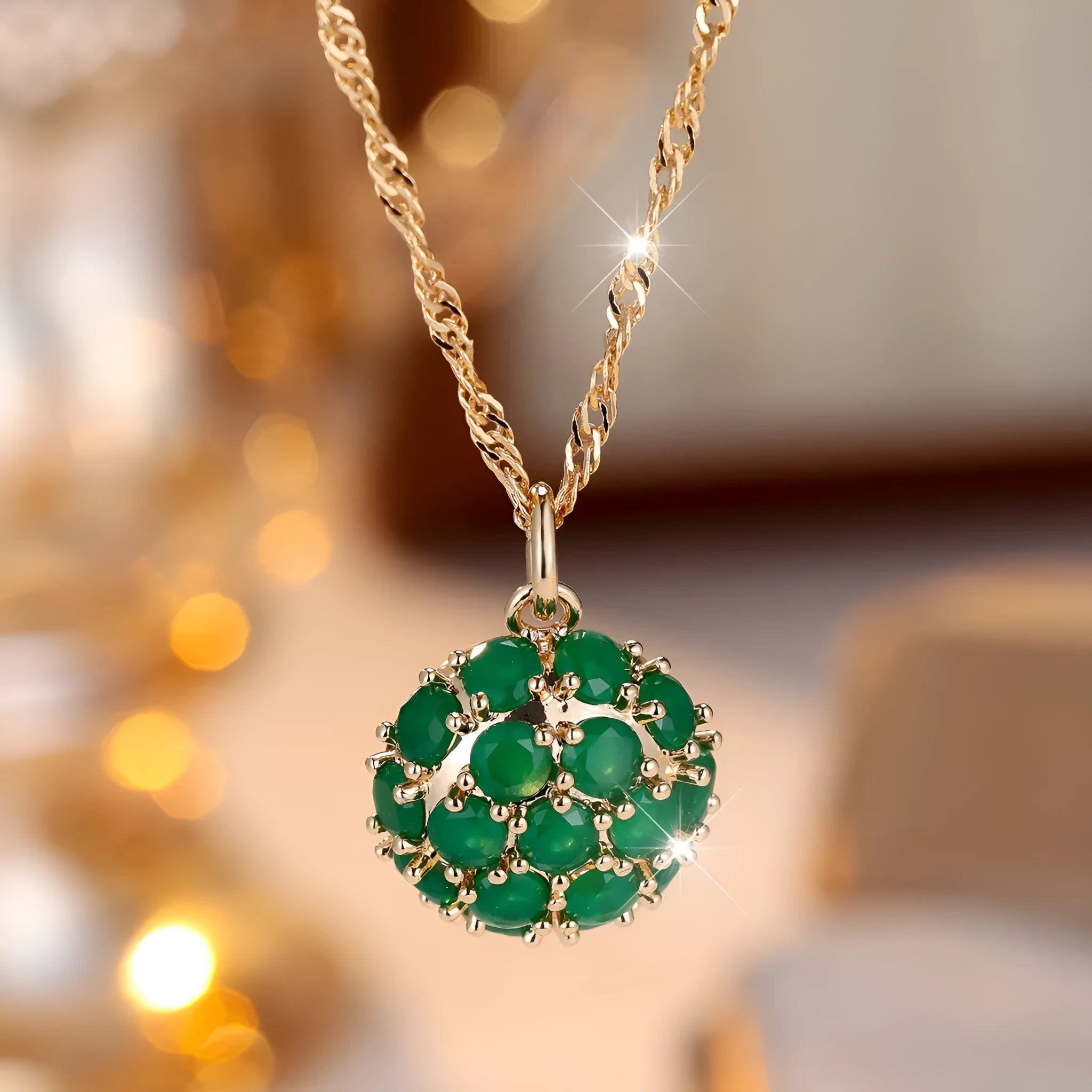 Women's geometric pendant necklace with emerald diamond colour and adjustable copper chain
