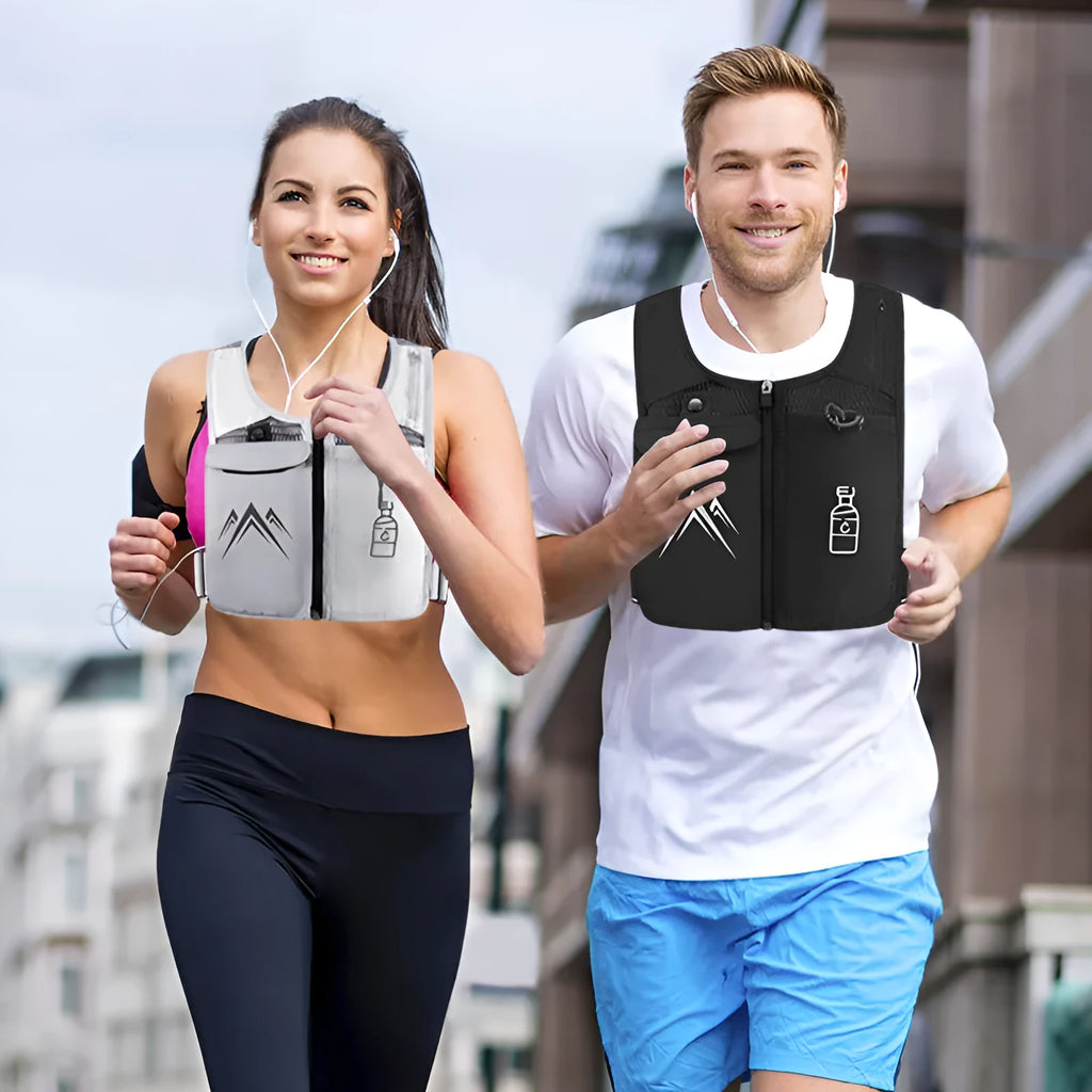 Breathable mesh running vest with phone pocket in classic black or moonlight grey colour options