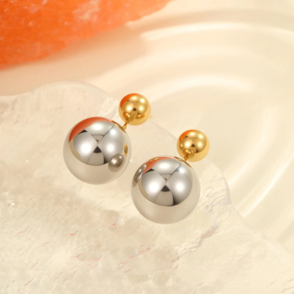 Women's stainless steel 18K gold electroplated round bead geometry ear studs