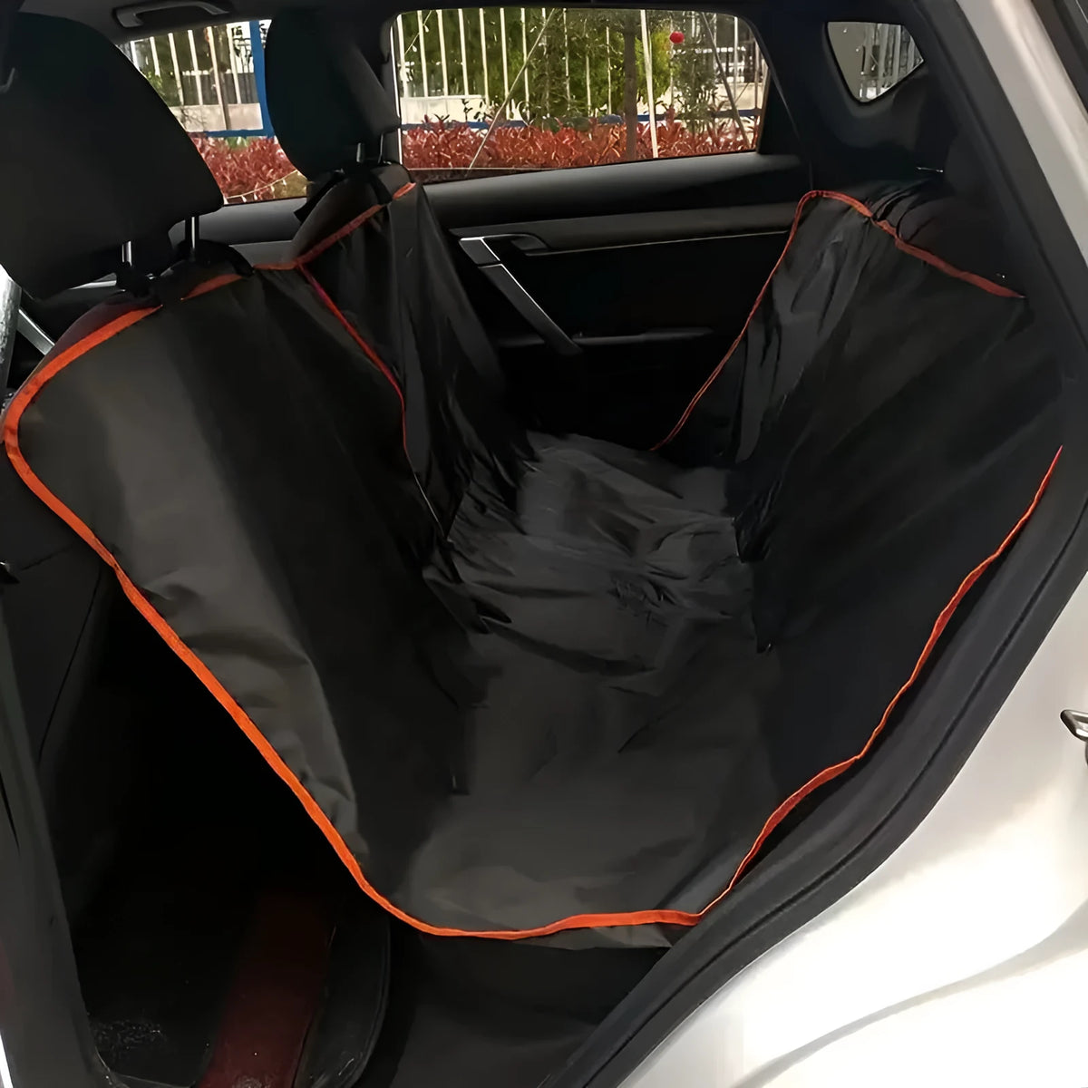 Black fabric pet anti-fouling pad for car rear seats with adjustable strap for dogs