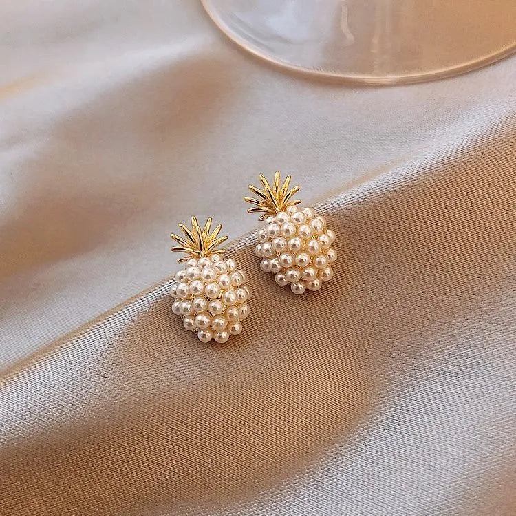 Korean style pineapple starfish pearl earrings in alloy with electroplated finish and artificial gemstone inlay