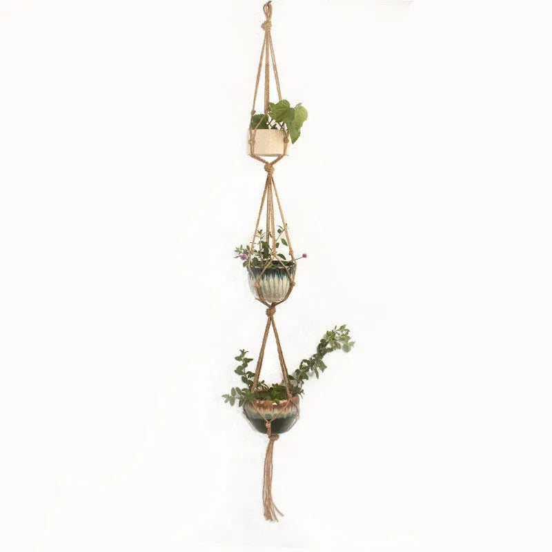 Woven wire plant basket with cotton rope, shown as a desktop planter and wall hanging style.
