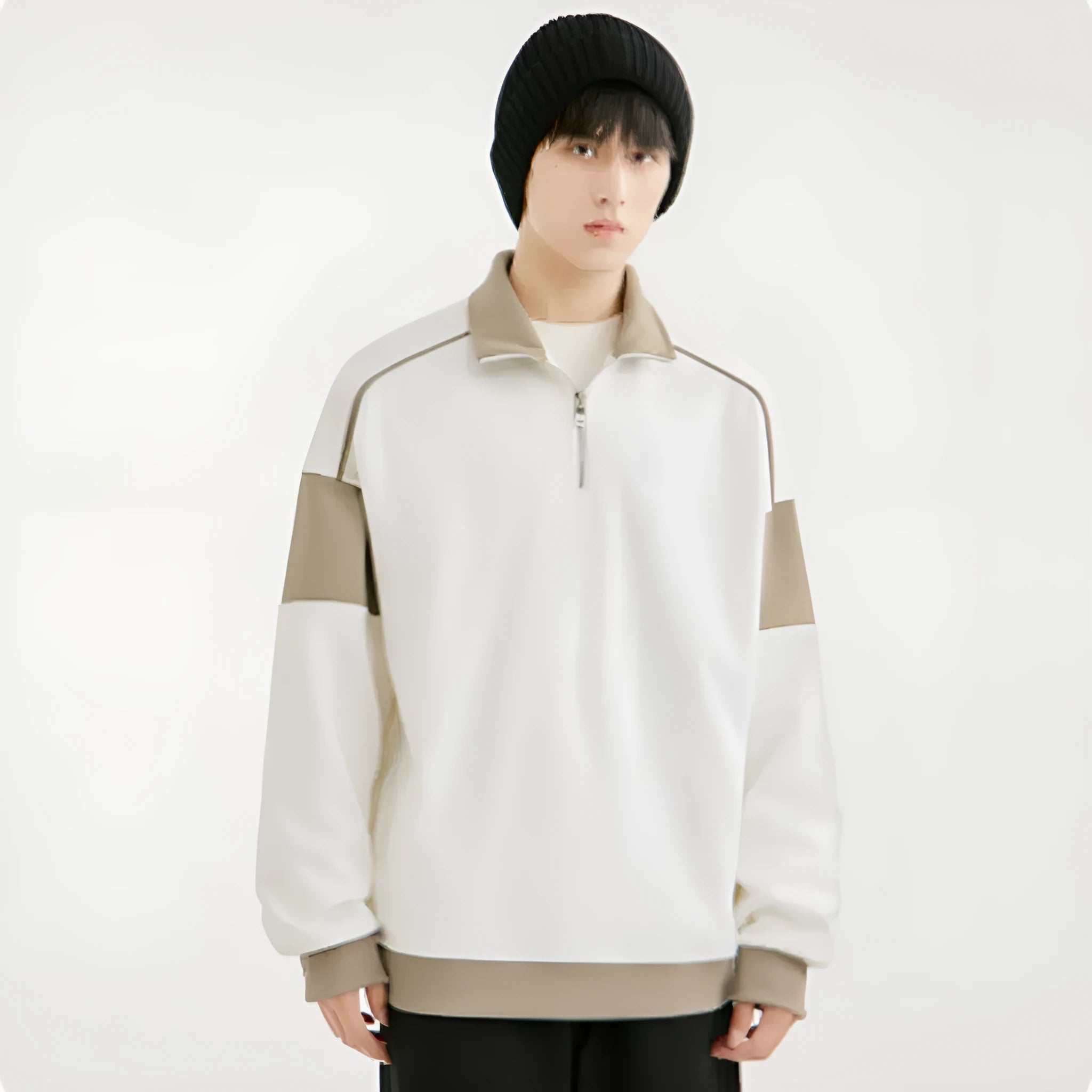 Men's white corduroy hooded pullover sweater with drop shoulders and loose lapels design
