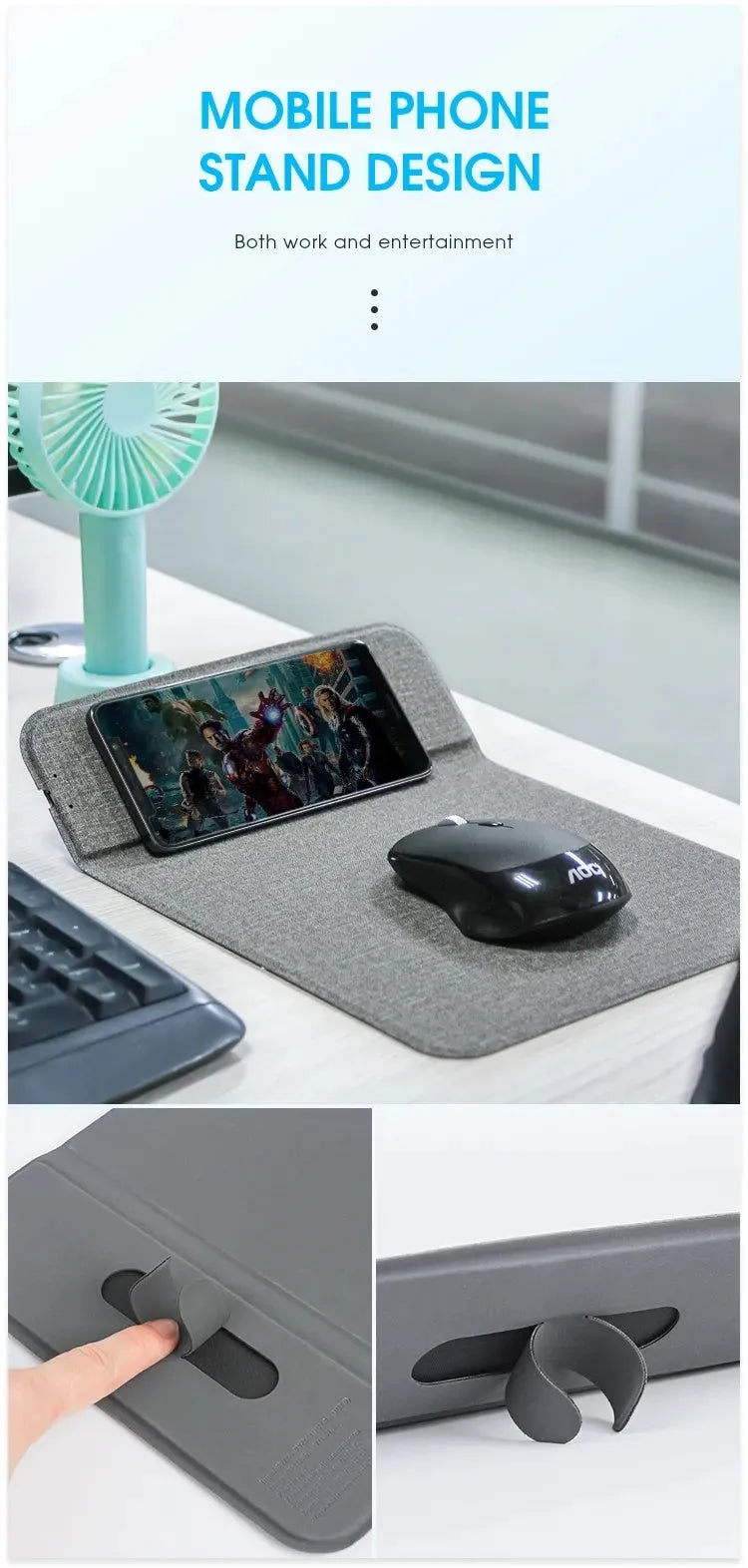 Foldable cloth wireless charging phone holder showing smartphone in charging position at adjustable angle