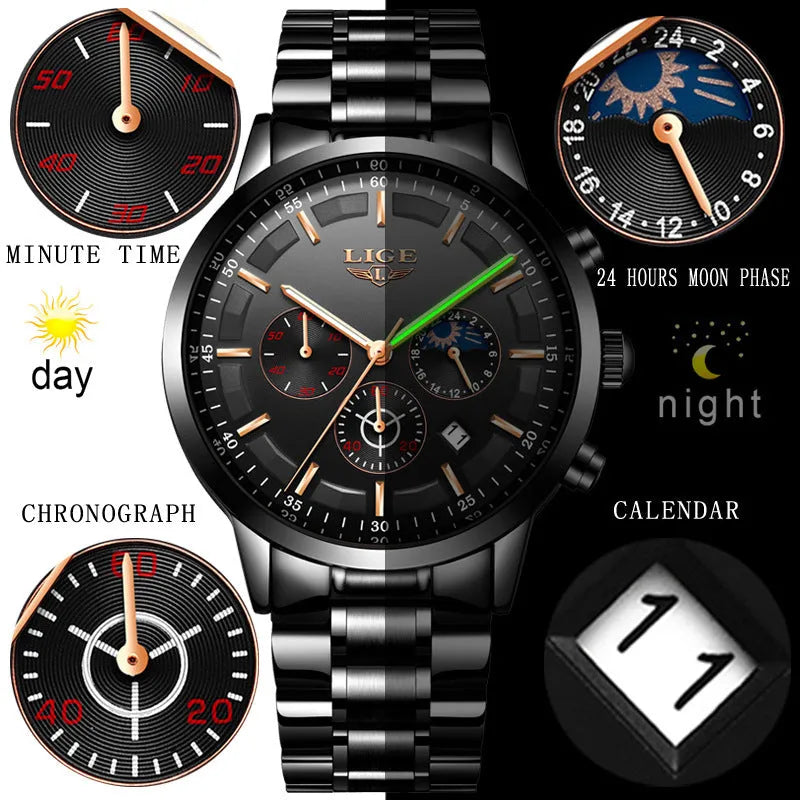 Men's waterproof moon phase quartz watch with stainless steel case in black, blue or rose gold colour options