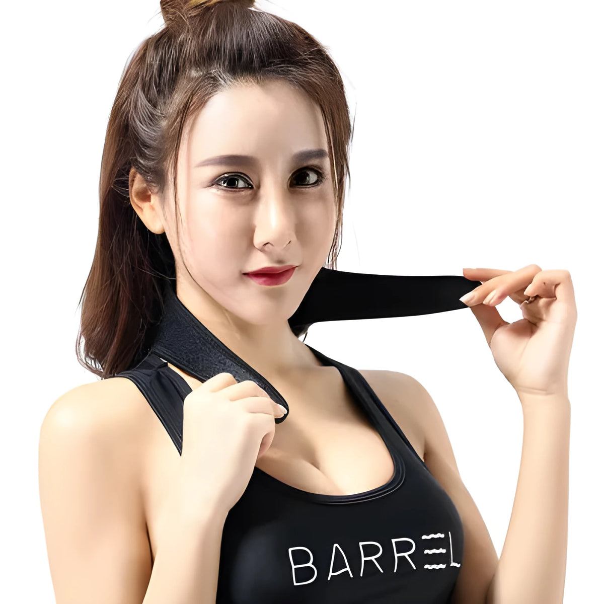 Black self-heating magnetic neck guard with adjustable shoulder strap on a mannequin neck.