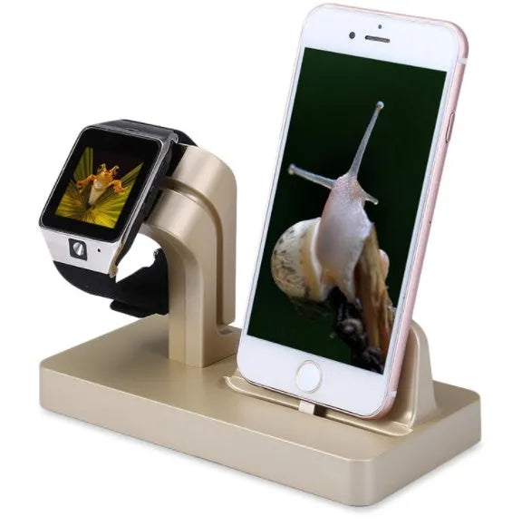 White 2-in-1 charging dock station holding an iPhone and an Apple Watch on a wooden desk.