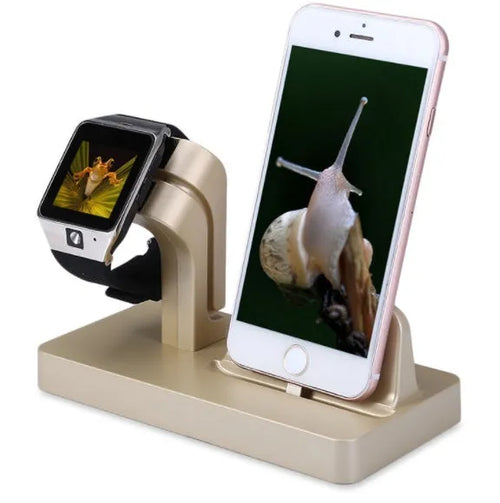 White 2-in-1 charging dock station holding an iPhone and an Apple Watch on a wooden desk.