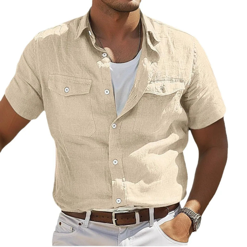 Men's solid-colour cotton shirt with a polo collar and long sleeves in a loose fit