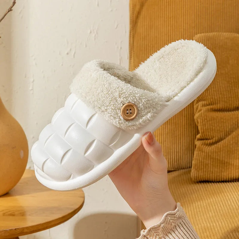 Pink and grey detachable EVA slippers with plush lining and a textured non-slip sole.