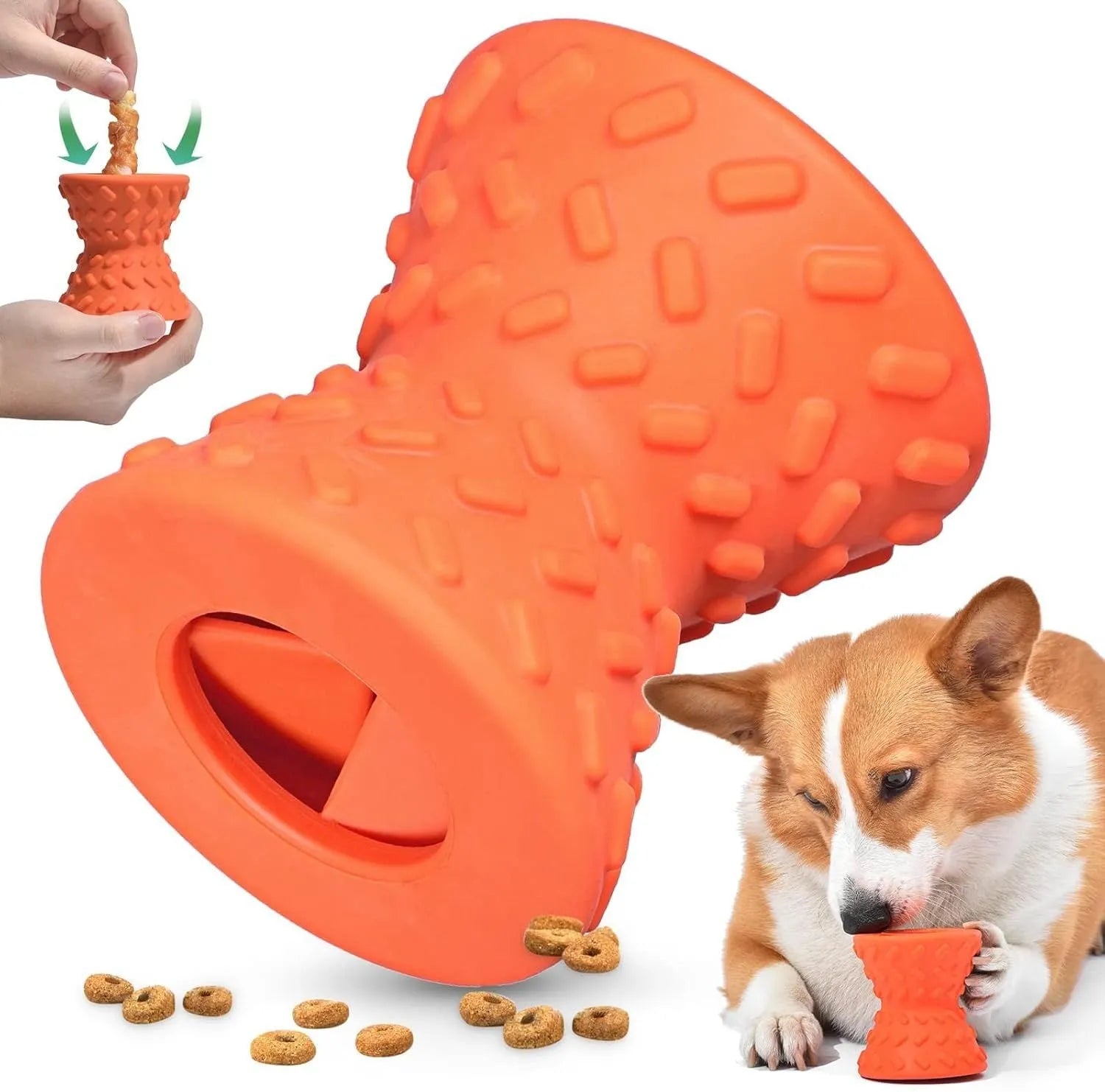 Blue durable rubber dog chew bone toy with hollow treat-dispensing centre and leakage holes.