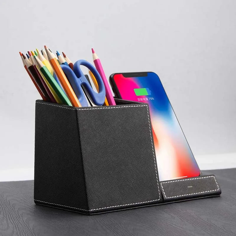 Leather wireless charging station with integrated pen holder compartment for desk organisation