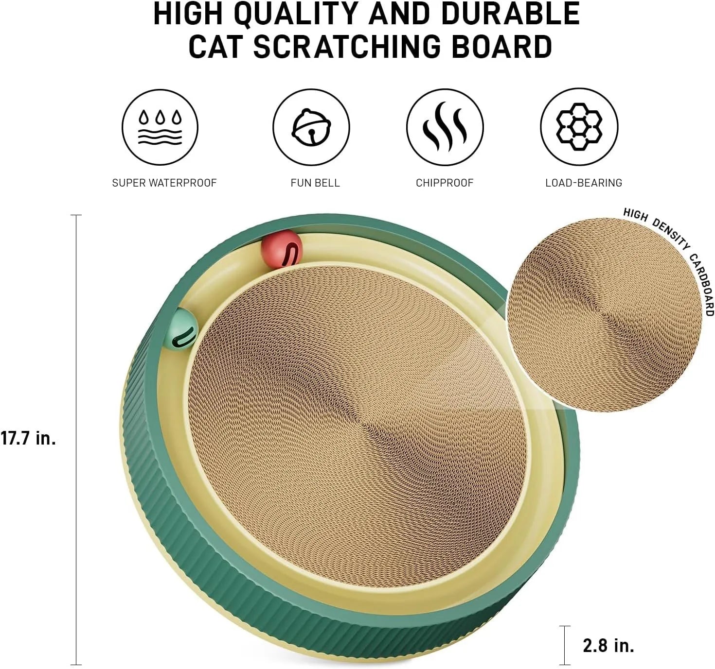 Large circular cardboard cat scratching board with integrated ball toys and replaceable core