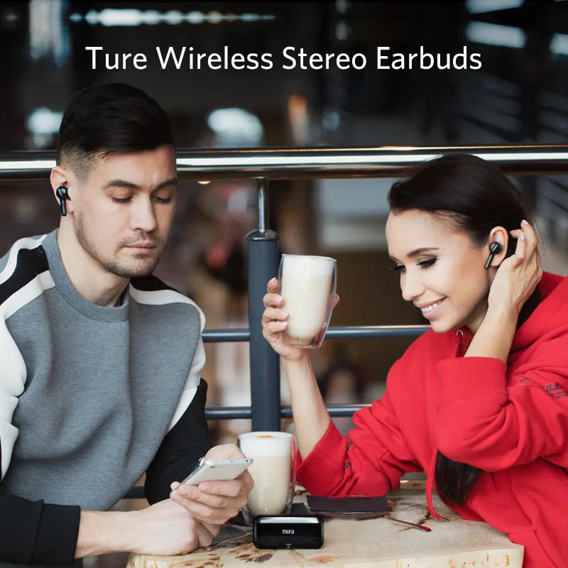 Black and white true wireless stereo earbuds with Bluetooth 5.0 and IPX5 waterproof rating.