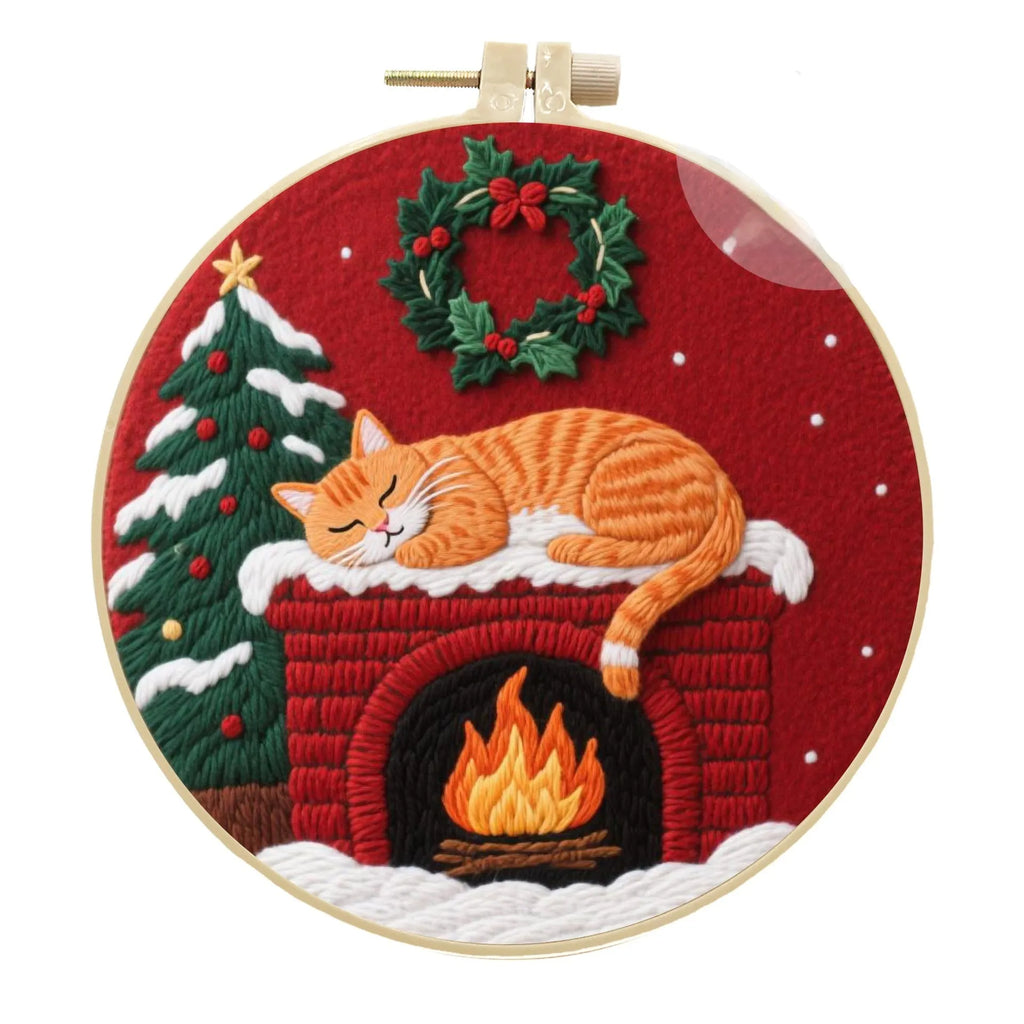 Embroidery fabric DIY material package showing cotton and linen fabrics with autumn fruit patterns for cat designs