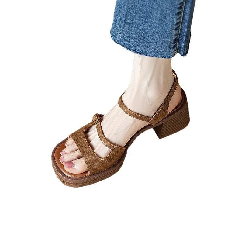 Women's open toe square toe retro platform sandals in beige and brown on a white background