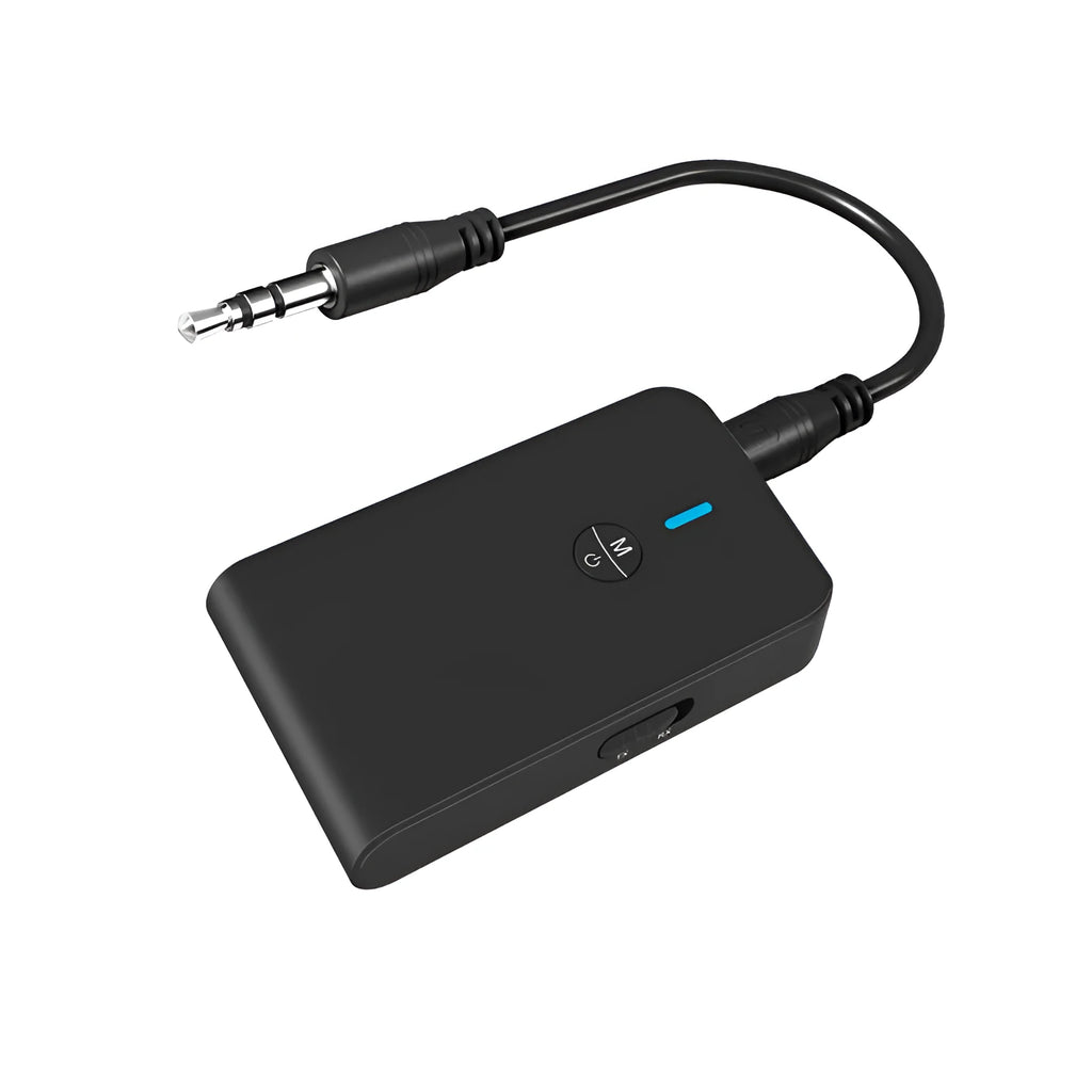 Black Bluetooth audio adapter with 3.5mm jack and external power supply unit