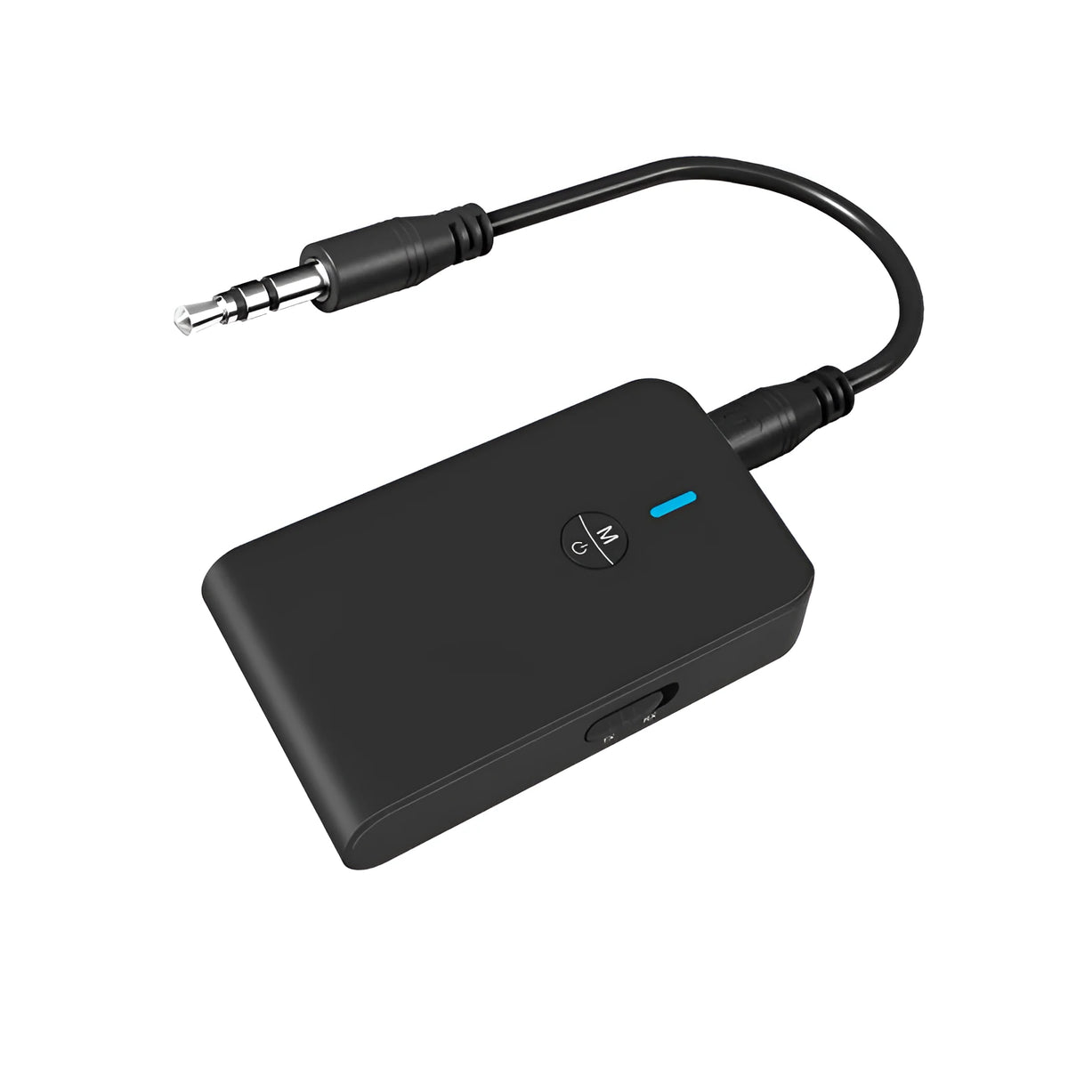 Black Bluetooth audio adapter with 3.5mm jack and external power supply unit
