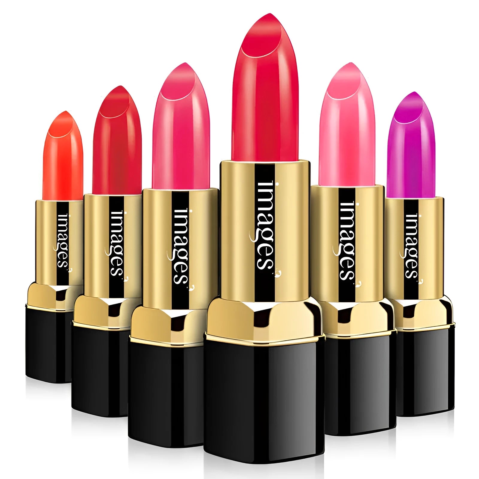 Moisturising lipstick lip gloss in a case showing colour range including coral red and pink.
