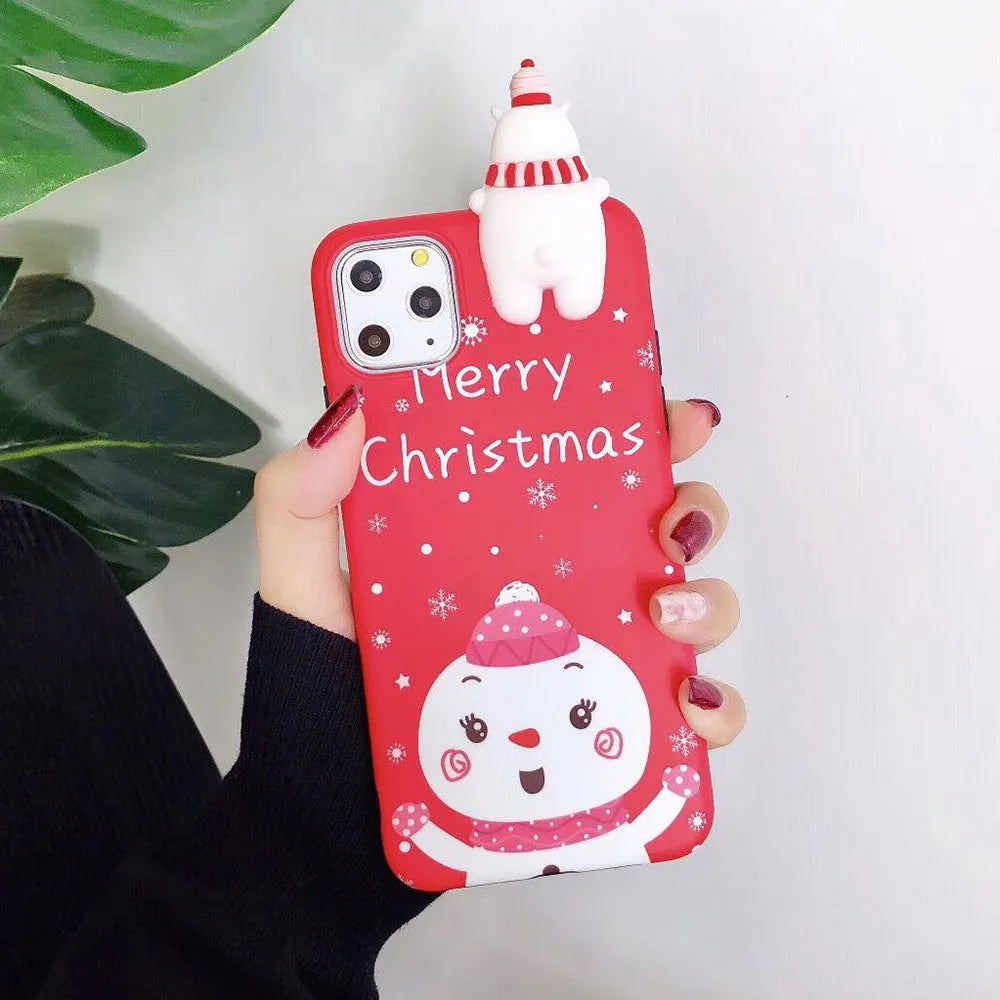 Christmas design silicone back cover case for various iPhone models on a red background.