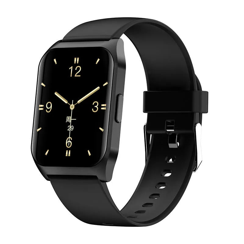 Black smart watch with heart rate monitor on silicone wrist strap showing 1.69-inch touch screen display