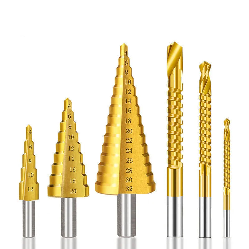Cone drill bit and centre punch set with high-speed steel step drills in a case, colour-coded options shown.