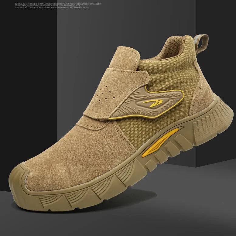 Steel toe cap high-top welding work shoes with front lace-up closure and mid-top design
