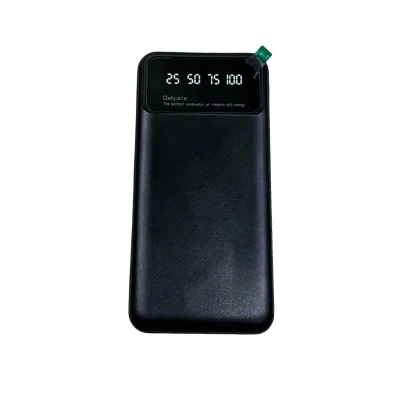 Black ultra-thin power bank showing compact 67x14x140mm dimensions with 10000mAh capacity display
