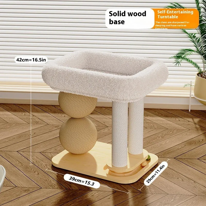 Pine wood cat nest bed with built-in grasping balls in three style variants.