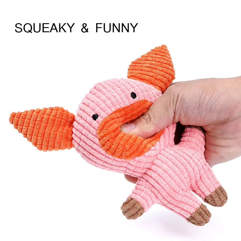Animal shaped plush dog chew toy with squeaker in blue, brown, cow, gray, pink, white or yellow