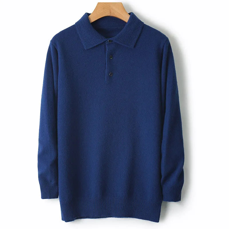Men's wool polo collar sweater pullover in noble blue colour showing long sleeves and collar detail