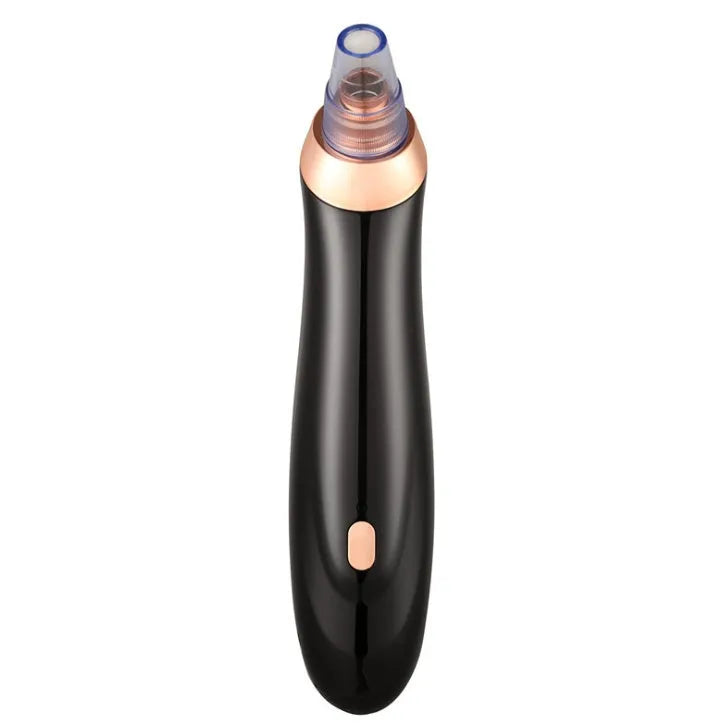 Black, gold, red, or white electric blackhead remover device with nozzle attachments on a white background.